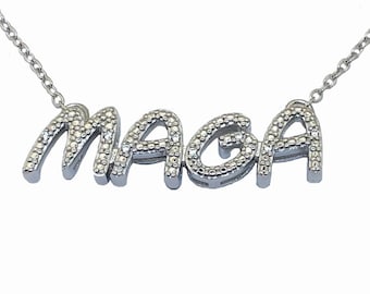 Ladies MAGA Necklace 8 Diamond Sterling Silver- Adjustable Chain Patriot owned Best MAGA Trump line NOT Stainless Steel crap Maga Pendant