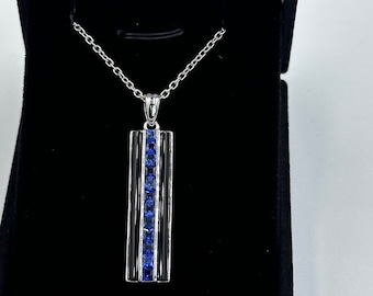 Beautiful Unisex Blue Line Pendant Princess Cut Created Blue Sapphires- Onyx  Strips Adjustable Heavy Silver Chain 16-18 Inches or 20&quot; Ball