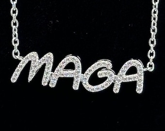Ladies MAGA Necklace 70-Genuine White Zircon NOT Cz Solid Sterling Silver Adjustable Chain 16-18&quot; Best Maga USA Jewelry Line Patriot owned