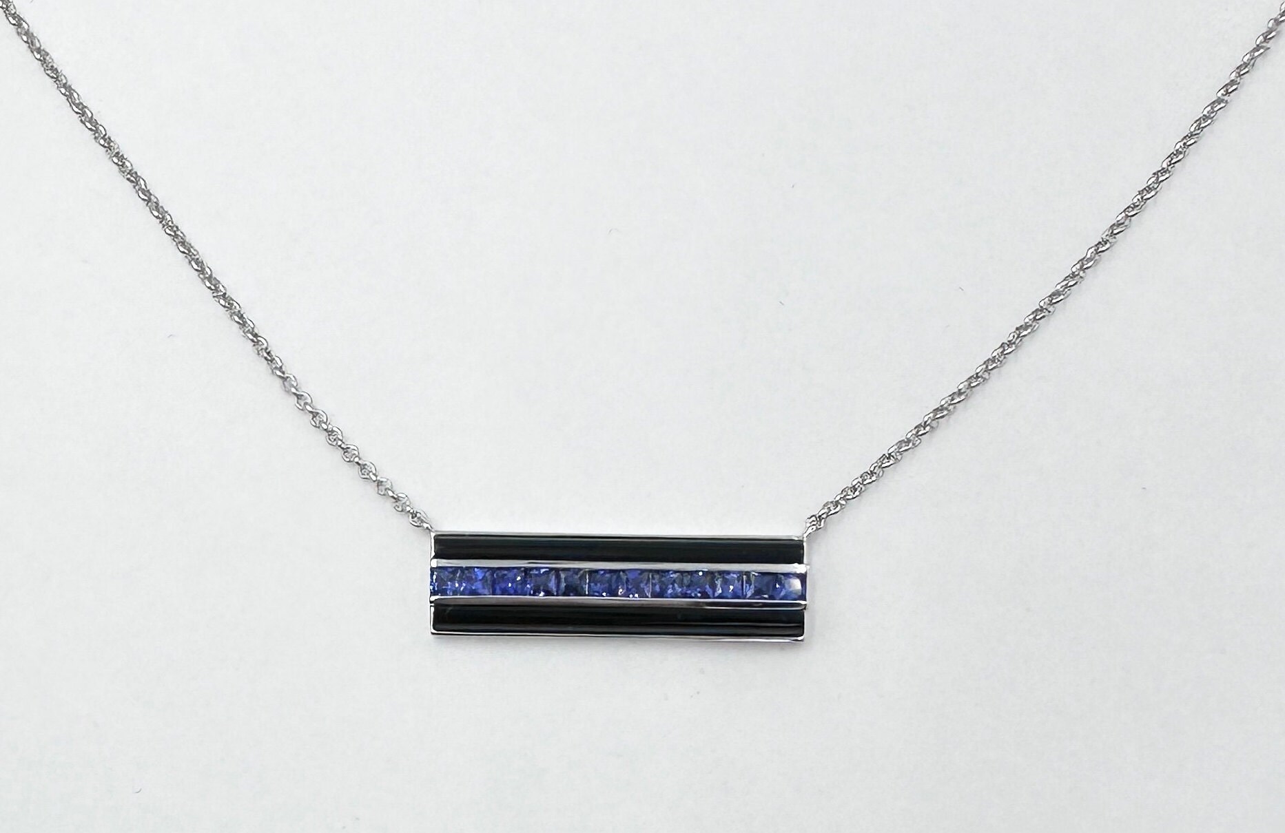 Beautiful Blue Line Necklace Princess Cut Lab Blue Sapphires- Genuine Onyx Adjustable Heavy Silver Chain 16-18" or 20" Ball Support the Blue
