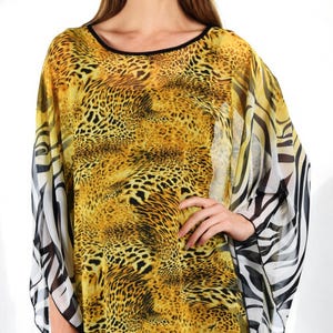 Cheetah Cat Print Summer Poncho Beach Cover Up Kaftan Caftan, Chiffon Kaftan, Summer Caftan, Beach coverup, Chiffon Kimono Fits M to 3XL