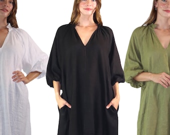 Womens 100% Linen Puff Sleeved V Neck Tunic Blouse Top w/Side Pockets | One Size Fits All (Small-2X)
