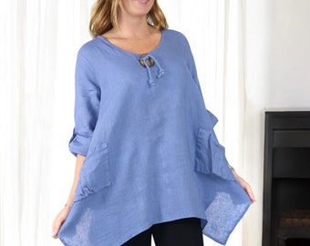 Womens Linen Relaxed Fit Oversized Tunic Blouse Top with Front Pockets and Asymmetrical Hem | Regular and Plus Sizes