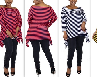 Women High Low Striped Tunic Top, A Line Swing Tunic, Fishtail Flowy Blouse, Regular and Plus Sizes, Handmade in USA