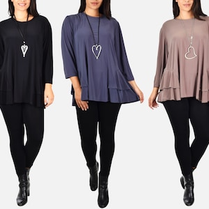 Women Plus Loose Fitting Frill Hem Tunic Blouse Top, Versatile Travel Top, A-Line Top with Draped Hemline, Sizes Up to 7X
