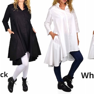 Women High Low Button Down A Line Swing Dress Shirt Top With Side Pockets, Cotton, Reg and Plus Sizes image 2