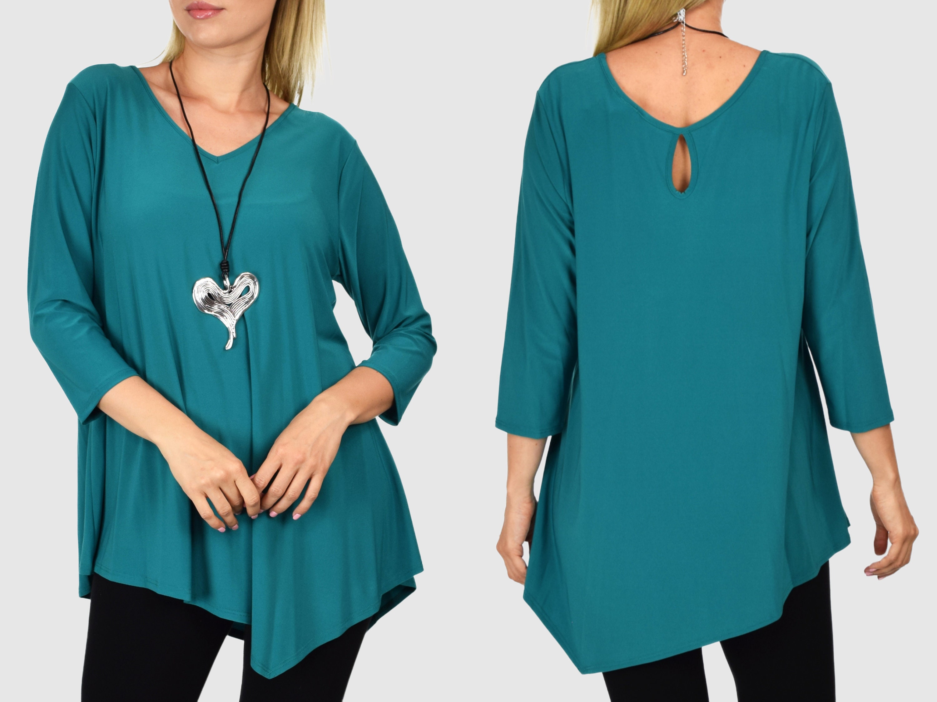 Women 3/4 Sleeve Asymmetrical Peek a Boo Tunic Blouse Shirt