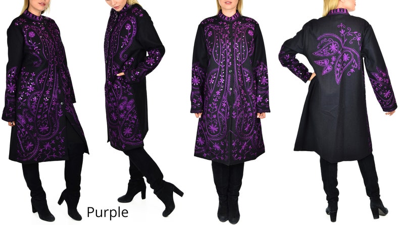 May include: Black coat with intricate purple embroidery. The coat features a button-up front, long sleeves, and a detailed floral and paisley design. The word "Purple" is visible at the bottom of the image.