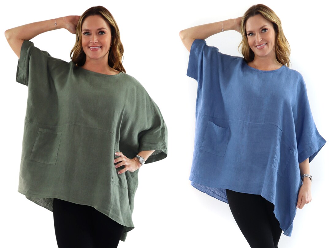 100% Linen Bohemian Boxy Poncho Style Tunic, Made in Italy One Size ...
