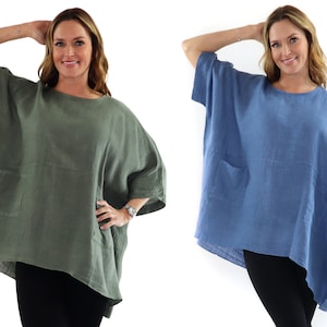 100% Linen Bohemian Boxy Poncho Style Tunic, Made in Italy | One Size Fits All