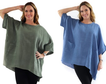 100% Linen Bohemian Boxy Poncho Style Tunic, Made in Italy | One Size Fits All