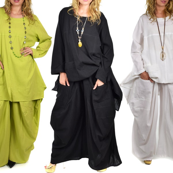 Cotton and Linen Slit Fashionable Two-piece Set