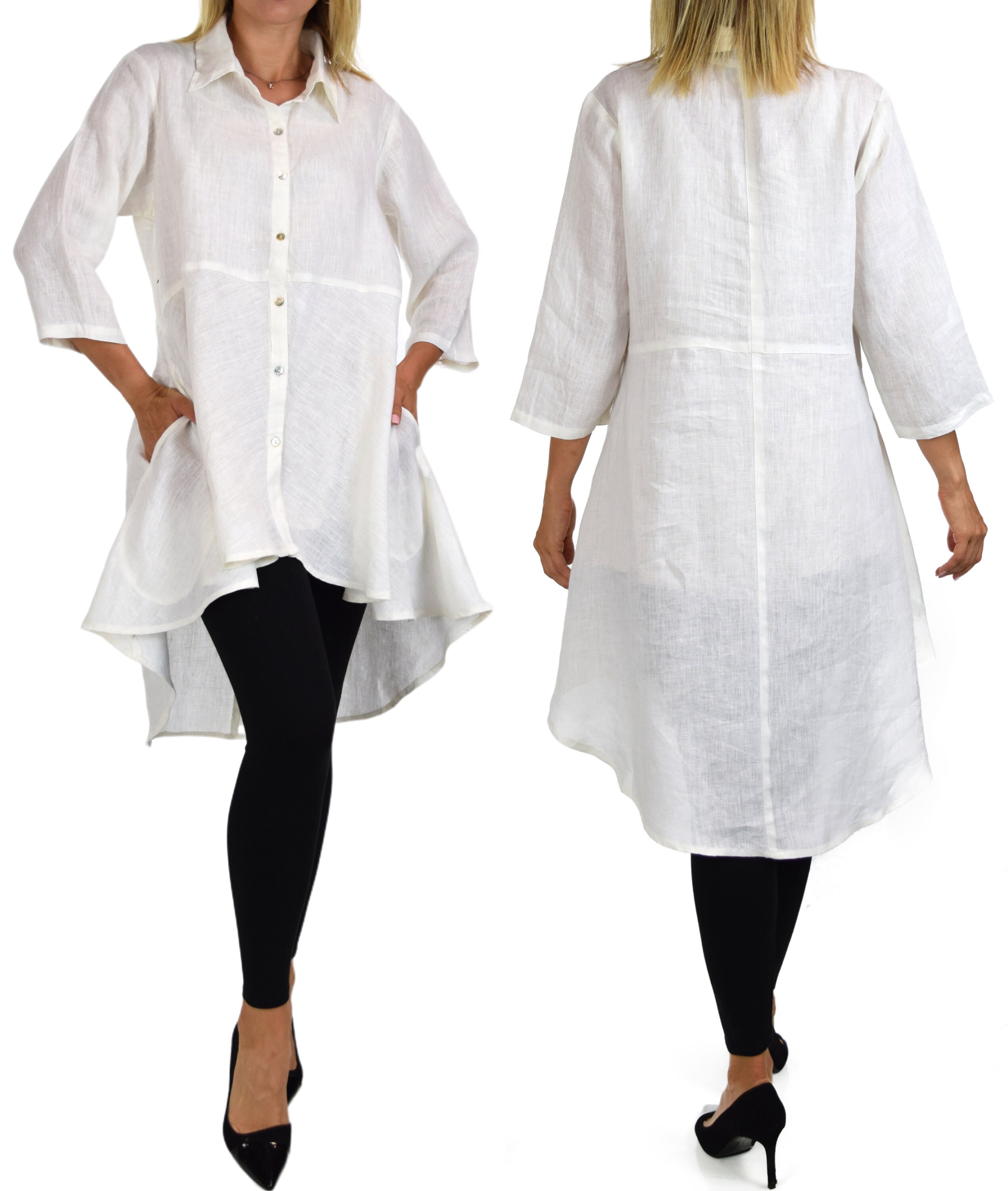 Women Linen High Low Button Down A Line Swing Dress Shirt Top | Reg and ...