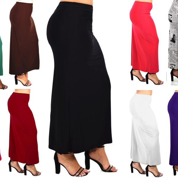 Maxi Full Length Pencil Skirt for Women with Elasticated Waist, Reg and Plus Sizes