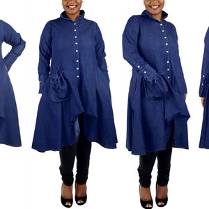 Women Denim Shirt,  Lagen look denim Shirt,  High Low Button Down A Line Swing Dress Shirt, With Side and front Pockets, Reg and Plus Sizes