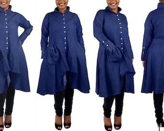 Women Denim Shirt,  Lagen look denim Shirt,  High Low Button Down A Line Swing Dress Shirt, With Side and front Pockets, Reg and Plus Sizes