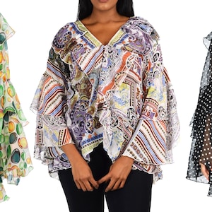 May include: Three sheer blouses with ruffled sleeves and different patterns. The first blouse has a green and yellow abstract pattern, the second has a colorful paisley pattern, and the third has a black and white polka dot pattern.