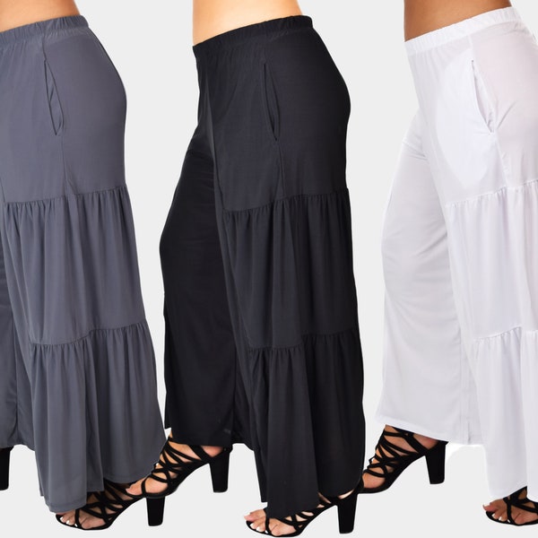 Plus Size BoHo Loose Fitting Palazzo Pants with Elastic Waist and Side Pockets