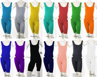 Crop Unitard-body, capri-catsuit, mouwloze ondoorzichtige capri-unitard, elastische yoga-overall, gemaakt in de VS, normale en grote maten