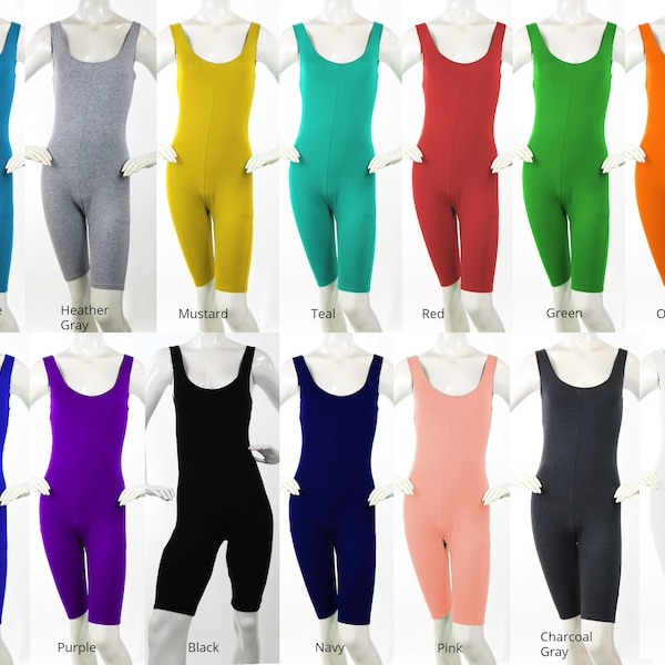 Crop Unitard Bodysuit, Capri Catsuit, Sleeveless Capri Opaque Unitard, Stretchy Yoga Overall, Made in USA, Regular and Plus Sizes