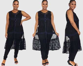 Women Elegant Laced Embroidered Button Down Sleeveless Duster, women lace Cardigan, Plus Size Jacket, Midi Length, One Size Fits All M-XL