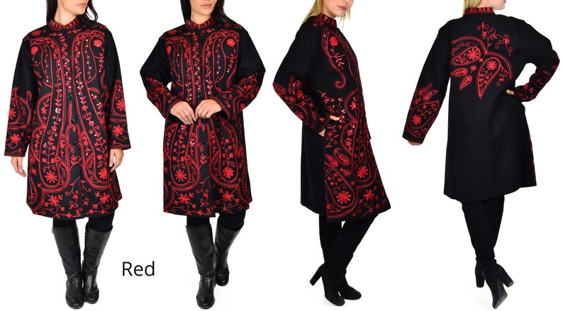 May include: Black coat with red embroidered floral and paisley designs. The coat has a mandarin collar and long sleeves. The embroidery is detailed and covers the front, sleeves, and back of the coat. The word "Red" is at the bottom of the image.