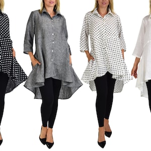 Women Linen High Low Button Down A Line Swing Dress Shirt Top | Reg and Plus Sizes