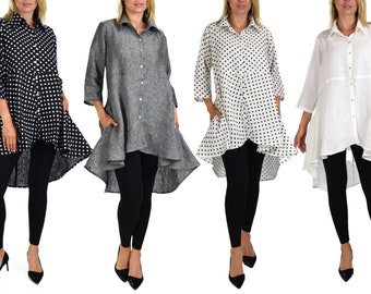 Women Linen High Low Button Down A Line Swing Dress Shirt Top | Reg and Plus Sizes