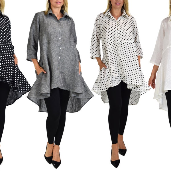 Women Linen High Low Button Down A Line Swing Dress Shirt Top | Reg and Plus Sizes