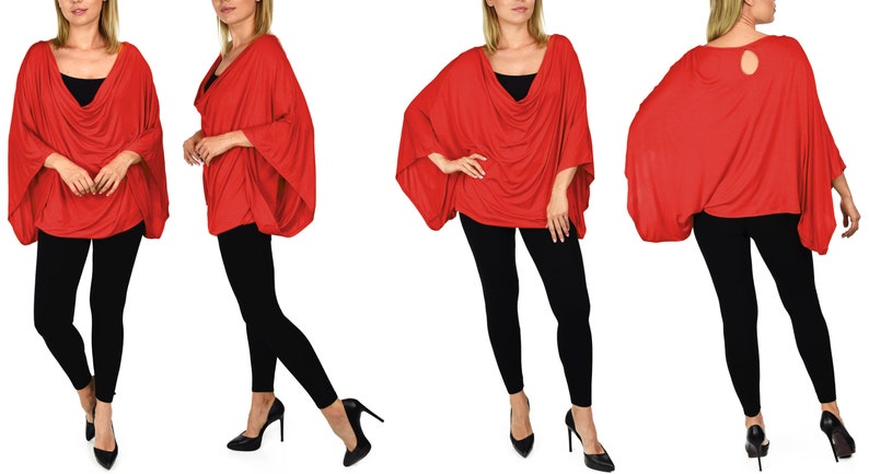 K&ouml;nnte beinhalten: Vier Models tragen ein rotes, drapiertes, lang&auml;rmliges Oberteil mit einem Rollkragen. Das Oberteil hat eine lockere Passform und ist aus einem weichen, dehnbaren Stoff gefertigt. Die Models tragen schwarze Leggings und hohe Abs&auml;tze.