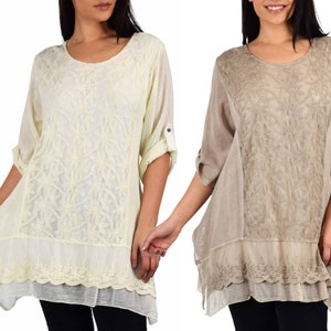 Women Plus Size Loose Fitting Netted Embroidered Tunic Blouse Top with Lace Hemline