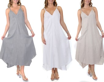 100% linen Spaghetti Strap Maxi Dress with Deep Side Pockets, Made in Italy
