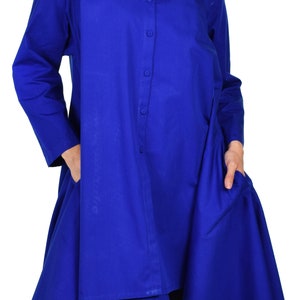 Women High Low Button Down A Line Swing Dress Shirt Top With Side Pockets, Cotton, Reg and Plus Sizes Royal Blue