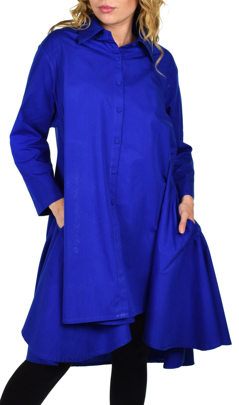 Women High Low Button Down A Line Swing Dress Shirt Top With Side Pockets, Cotton, Reg and Plus Sizes Royal Blue