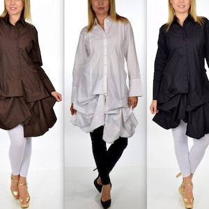 Cotton High End Shirt, Women Cotton High Low tucked bottom shirt, Button Down Swing Dress Shirt , Dressy Shirt, Reg and Plus Sizes