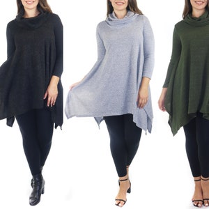 Turtle Neck Comfy Tunic Outerwear Sweater for Chilly Weather, Flared Hemline, Made in USA, Available in Regular and Plus Sizes
