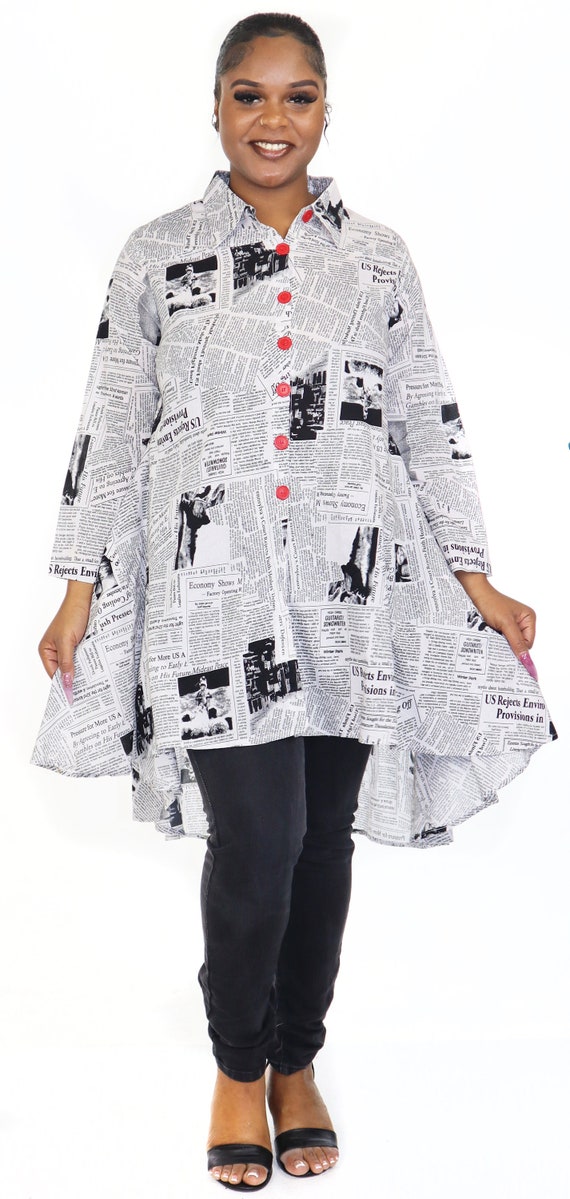 Women High Low Newspaper Print Button Down A Line Swing