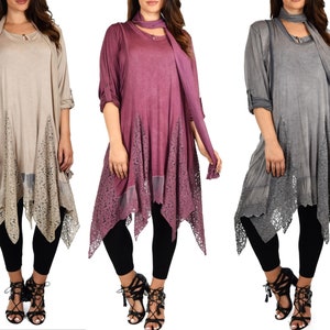 Women Plus Size Asymmetrical Lace Tunic Blouse Top Set with Scarf, 3 pc tunic set, Plus size tunic set