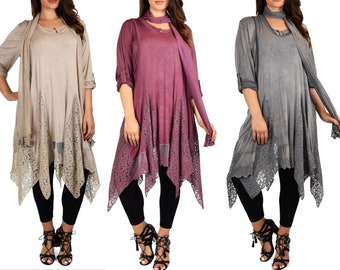 Dam Plus Size Asymmetrisk Spetstunika Blus Topp Set med Halsduk, 3-delat tunika set, Plus Size tunika set