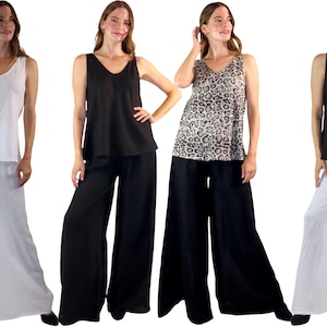 May include: Four women's outfits featuring wide-leg pants and V-neck tops. The outfits include white, black, and a leopard print top. The pants are either white or black. The tops are sleeveless.