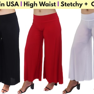 May include: Three pairs of wide-leg pants in black, red, and white. The pants are made of a stretchy, comfortable fabric and have a high waist.