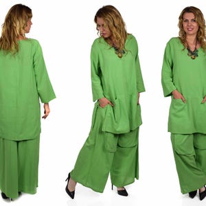 May include: A green linen tunic top with long sleeves and two pockets. The top is paired with matching green linen wide-leg pants with multiple pockets.