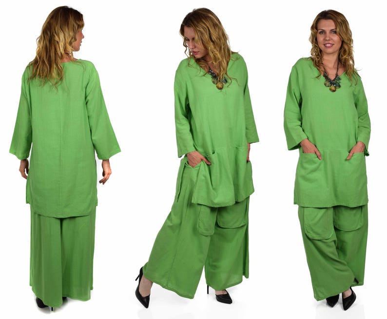 May include: A green linen tunic top with long sleeves and two pockets. The top is paired with matching green linen wide-leg pants with multiple pockets.