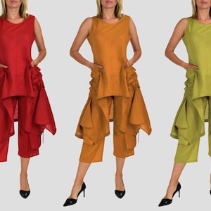 Women&#39;s 2 Piece Linen Summer Pants and Sleeveless Top Set, Linen Cool Summer Outfit, Cooling Travel Set for Warm Weather, Reg and Plus Sizes