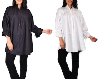 Women Plus Size Embroidered Boho Victorian Loose Fit Baggy Button Down Dress Shirt Blouse