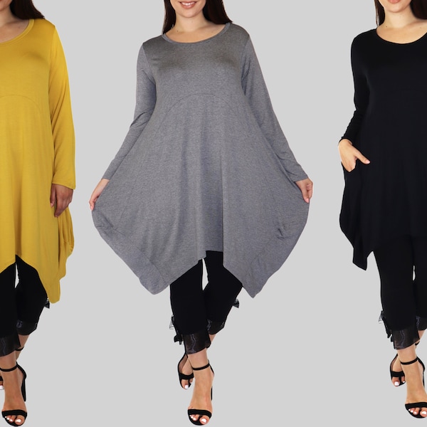 Women Balloon Hem Tunic,  Plus size Tunic,  Full sleeve Tunic Dress Top With Side Pockets, Handmade in USA, Plus size top