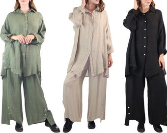 Womens 100% Linen 2 Piece Pant Set, Relaxed Comfy Fit | One Size (Fits S-3X)