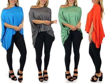 BoHo Plus Size Loose Fit Poncho Cold Shoulder Blouse Tunic Top, One Size Fits All (Medium-3X)