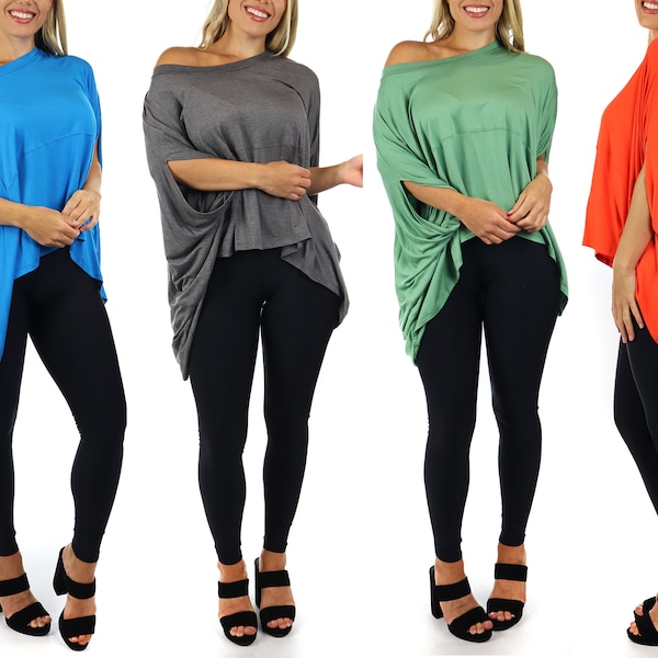 BoHo Plus Size Loose Fit Poncho Cold Shoulder Blouse Tunic Top, One Size Fits All (Medium-3X)