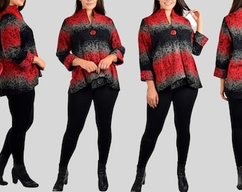 Women Aristocratic Button Down Jacket, Crop Jacket, High End Artsy Asymmetrical Jacket, Red and Black Blazer, Reg & Plus Sizes, Made in USA